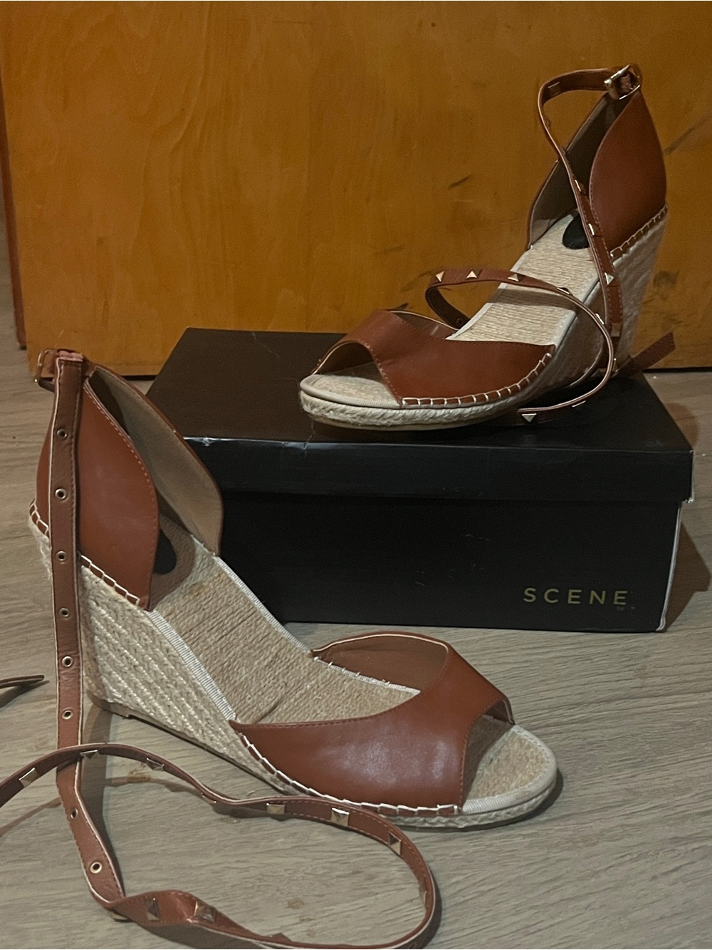 Brown Woven Wedge Sandals with Buckles